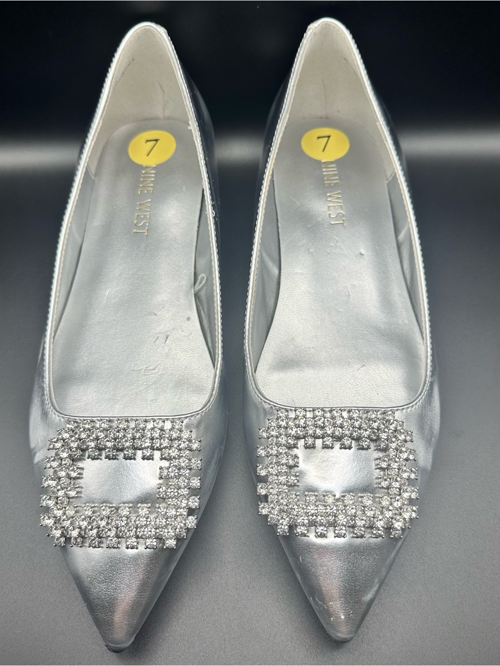 Nine West Silver Pointed Toe Rhinestone Buckle Flats